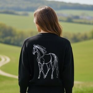 NWT Belldini Black Sweater Medium Horse Graphic Embroidered Back Y2K Cowgirl